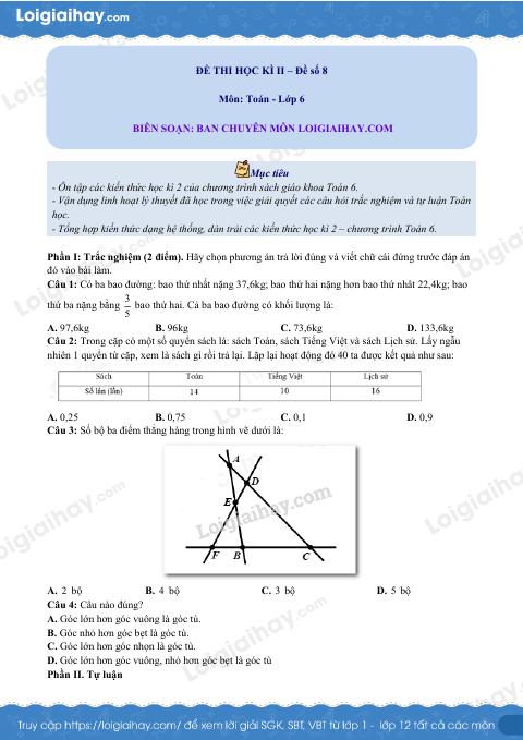 Đề thi học kì 2 Toán 6 - Đề số 8